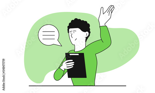 Man with folder speaks vector illustration concept. Business dispute and businessman conflict. Cartoon arguing character and finance communication. Misunderstanding worker and confrontation work