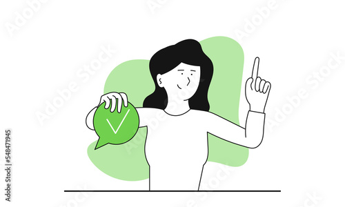Business forum and woman holding bubble chat vector illustration concept. Person communication and social meeting. Corporate speech and internet conference. Community seminar and group discussion