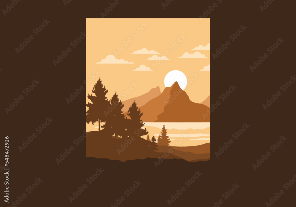 Landscape art illustration of a mountain and lake