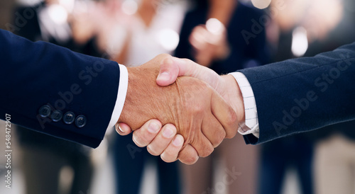 Business people, shaking hands and corporate partnership, meeting and networking agreement, hiring deal and goals, welcome and success. Handshake, thank you and teamwork support, trust and contract
