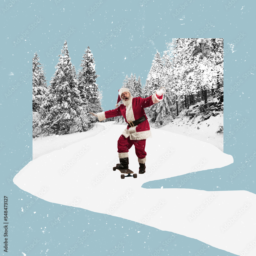 Contemporary art collage. Creative design. Senior man, Santa Claus standing on skateboard in snowy forest. Concept of winter holidays, Christmas and New Year