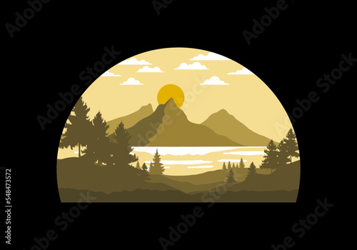 Landscape art illustration of a mountain and lake