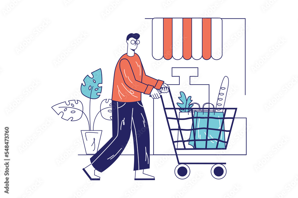 People shopping concept in flat line design for web banner. Man ...