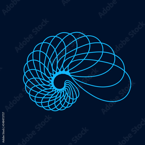 Spiral, swirl, shell logo.Twirl symbol isolated on dark fund.Fractal art lines icon.Structural design elements.Decorative, sacred geometry sign concept.Artistic style vector illustration.
