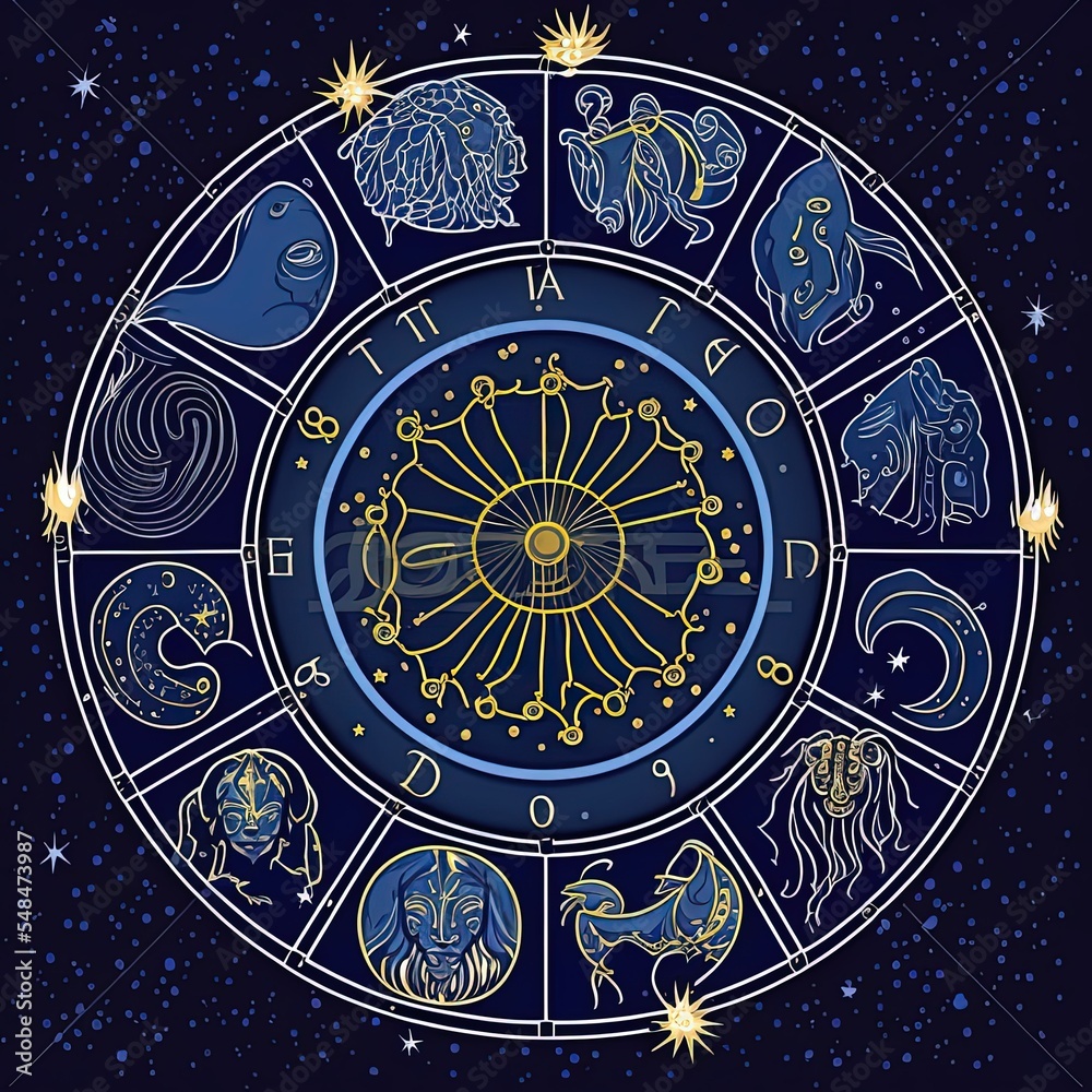 Graphic illustration of an astrology chart and the zodiac signs in ...