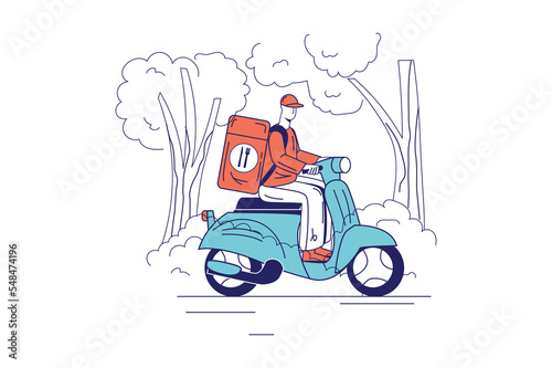 Food delivery concept in flat line design for web banner. Courier delivers bag on motorcycle, online ordering of meals for lunch, modern people scene. Illustration in outline graphic style