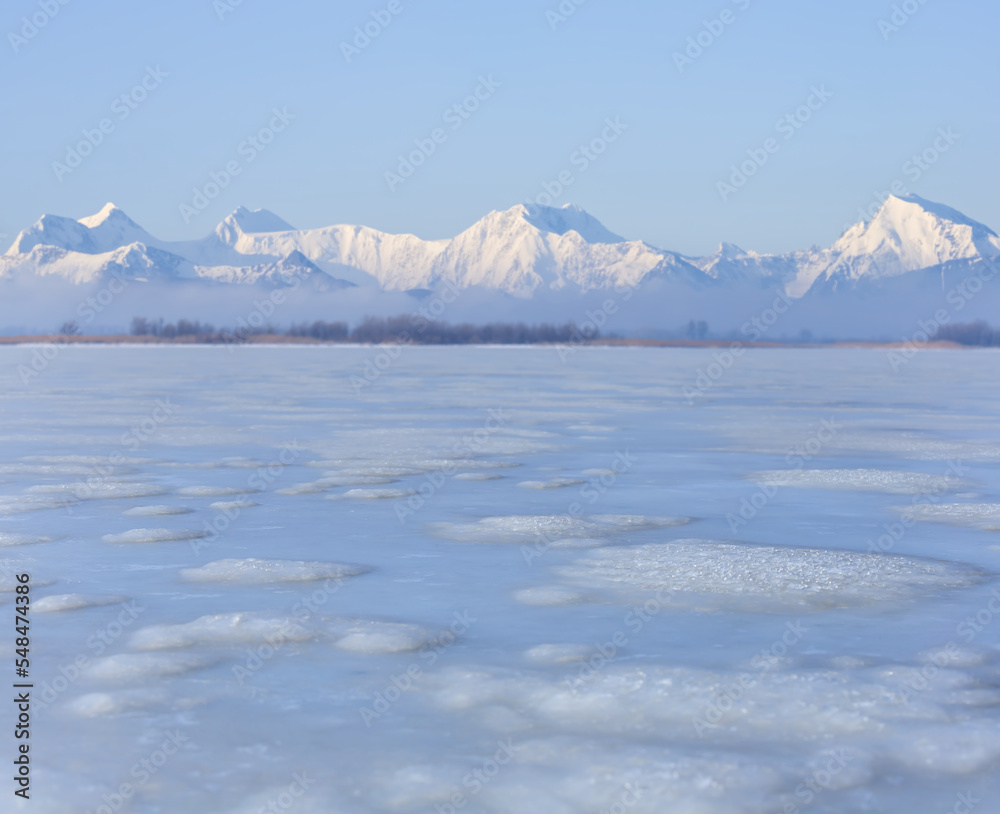 frozen and snowbound mountain valley, winter mountain travel landscape