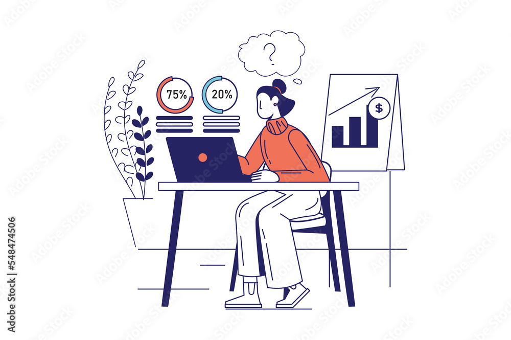 Business process concept in flat line design for web banner. Woman analyzing financial statistics and creates development strategy, modern people scene. Illustration in outline graphic style