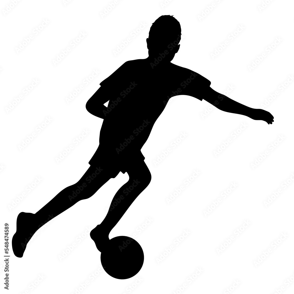 Obraz premium Silhouette of football player boy kicking ball, children game of soccer. Vector illustration