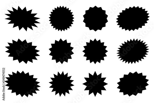Sunburst promotion tag, starburst speech bubbles, bursting sticker promo badges. Explosion star button vector illustration.
