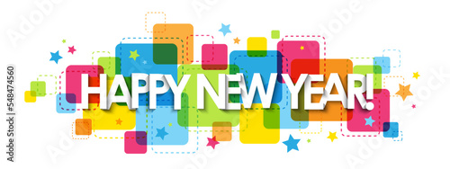 HAPPY NEW YEAR! colorful typography banner with stars