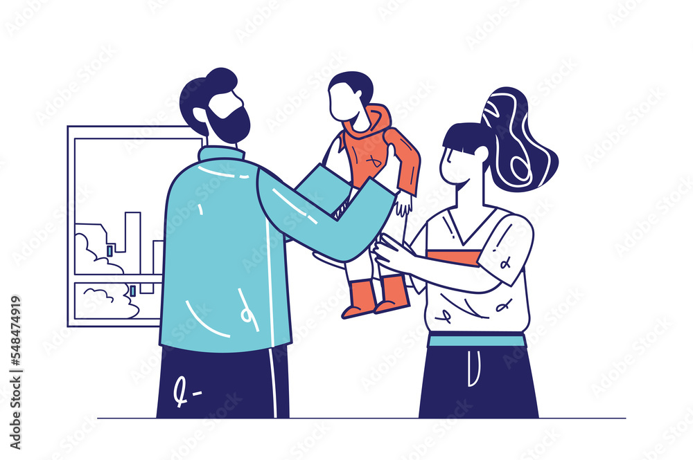 Healthy families concept in flat line design for web banner. Father and mother holding and hugging little son, good relationship modern people scene. Illustration in outline graphic style