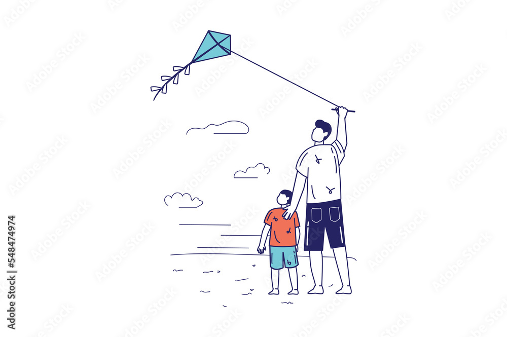 Healthy families concept in flat line design for web banner. Father and son are flying kite and spending time together outdoors, modern people scene. Illustration in outline graphic style