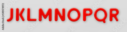 3D Red plastic uppercase letters J, K, L, M, N, O, P, Q and R with a glossy surface on a gray background.