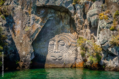 traditional rock carving lake taupo north island new zealand. High quality photo photo