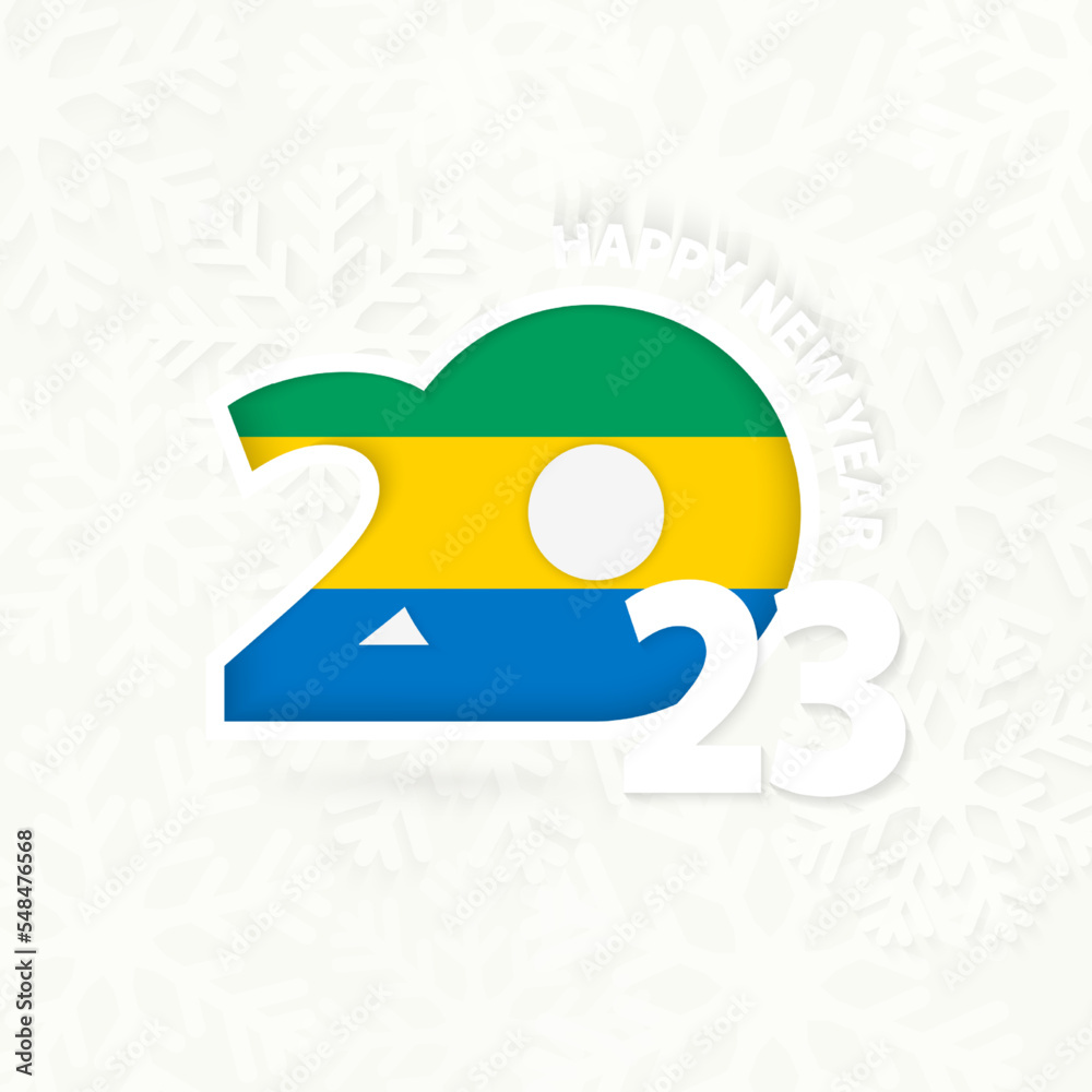 New Year 2023 for Gabon on snowflake background.