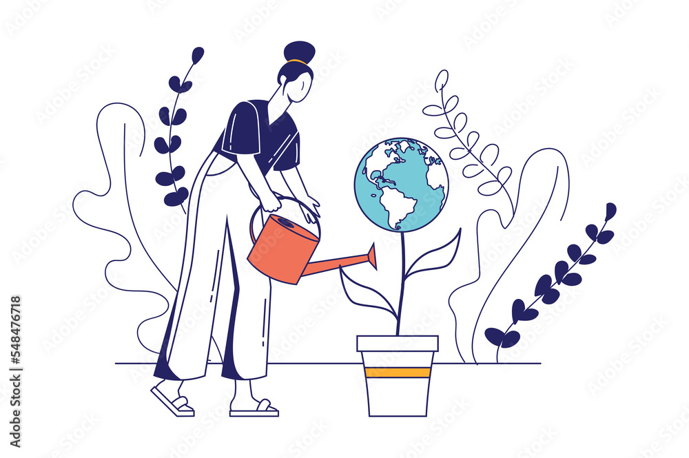 Earth day concept in flat line design for web banner. Woman waters planet from watering can. Environmental care and eco friendly, modern people scene. Illustration in outline graphic style Earth day concept in flat line design for web banner. Woman waters planet from watering can. Environmental care and eco friendly, modern people scene. Illustration in outline graphic style