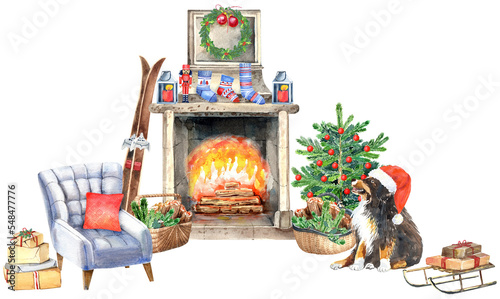 Christmas clip art, cozy fireplace, christmas tree, gifts, bernese mountane dog, red Santa hat, winter season.  Isolated elements. Hand painted in watercolor. photo
