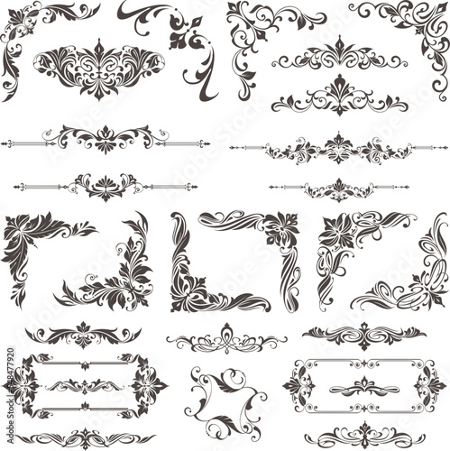 Vintage design lace borders monogram logo and corners, dividers Vector set art deco floral ornaments elements