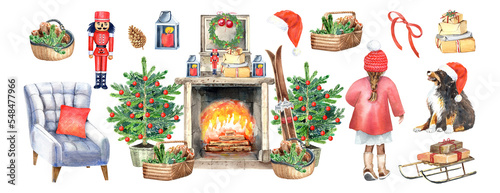 Christmas clip art, cozy fireplace, christmas tree, gifts, bernese mountane dog, red Santa hat, winter season.  Isolated elements on a white background. Hand painted in watercolor. photo