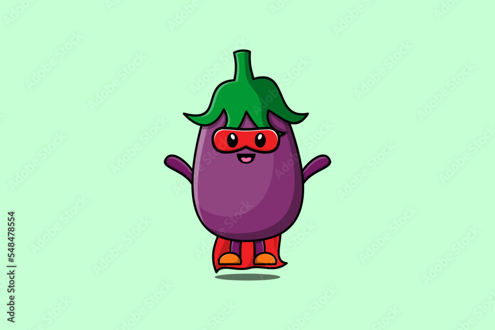 Cute Eggplant superhero character flaying illustration cartoon vector in 3d modern style design