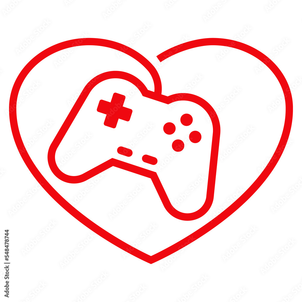 I love game. Logo aislado con joystick gamer con cable con forma de corazón lineal I love game. Logo aislado con joystick gamer con cable con forma de corazón lineal