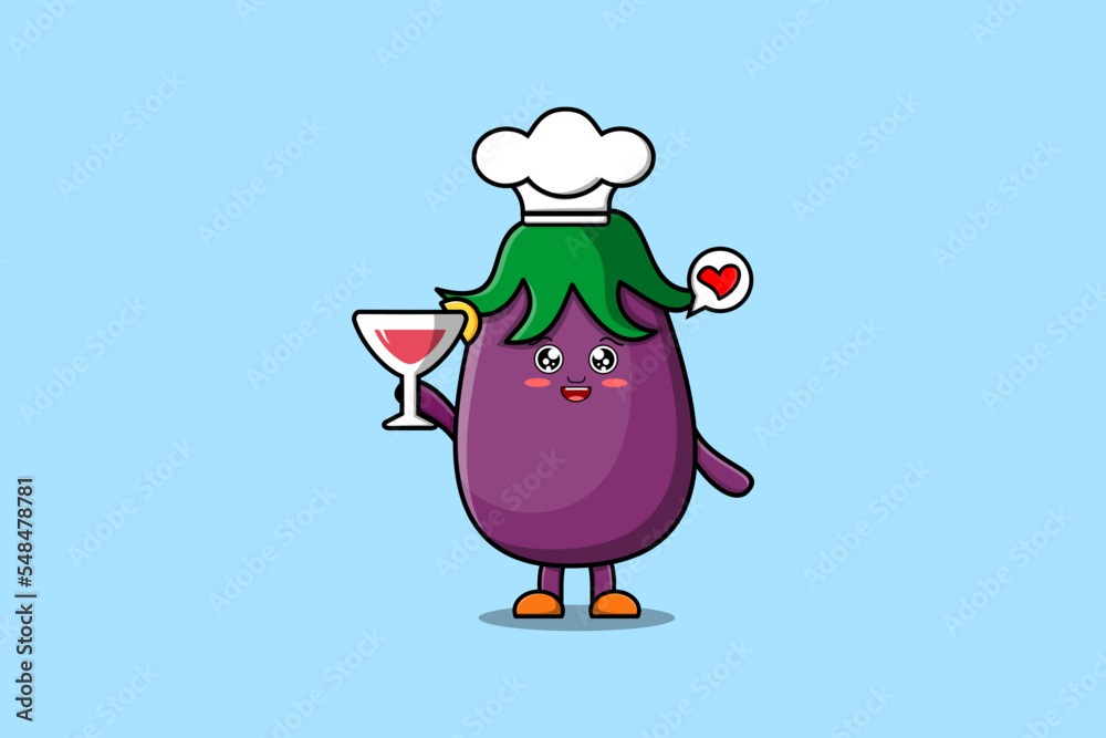 Cute cartoon Eggplant chef character holding wine glass flat cartoon style illustration
