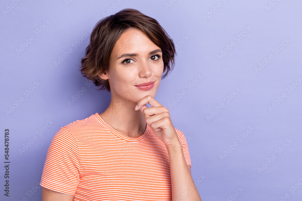 Closeup photo of young gorgeous woman wear pink t-shirt professional manager expert touch chin minded empty space ad isolated on purple color background Closeup photo of young gorgeous woman wear pink t-shirt professional manager expert touch chin minded empty space ad isolated on purple color background