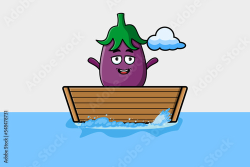 Fototapeta Naklejka Na Ścianę i Meble -  cute cartoon Eggplant get on boat in vector character illustration