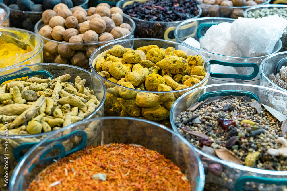 Exotic Spices in the Old Souq of Mutrah, Oman. Traditional Bazaar with Ingredients of Omani Cuisine.
