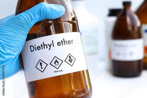Photos Diethyl ether in glass, chemical in the laboratory and industry