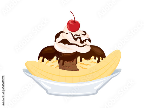 Banana split ice cream boat sundae icon vector. Ice cream sundae with banana, whipped cream and cherry on top vector. Chocolate and vanilla ice cream scoop sundae icon isolated on a white background