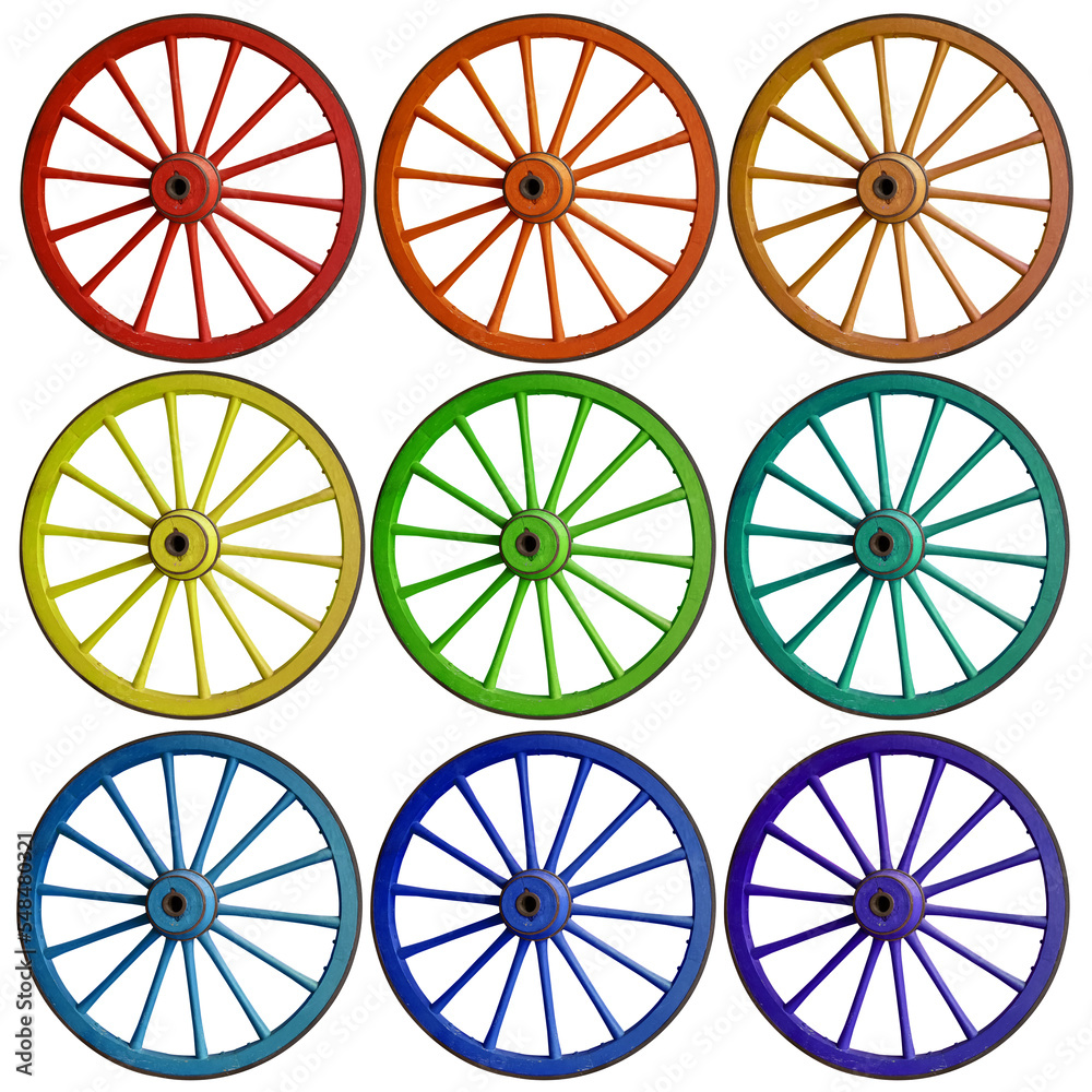 Roues de charrette couleurs arc-en-ciel Roues de charrette couleurs arc-en-ciel