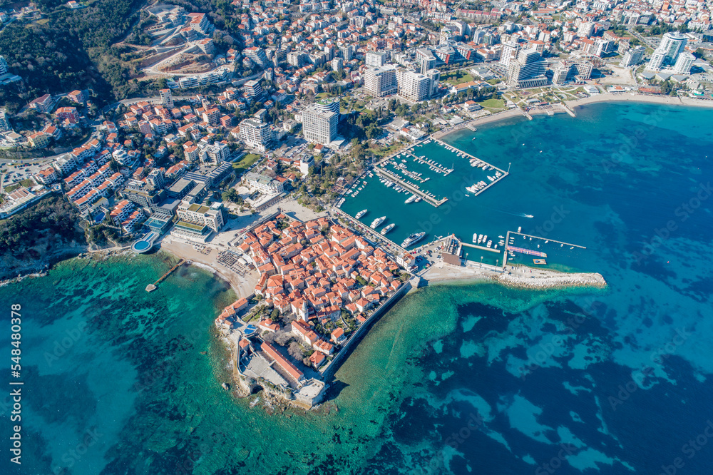 Old town in Budva in a beautiful summer day, Montenegro. Aerial image