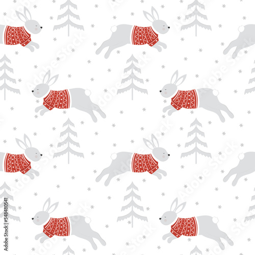 Christmas pattern 2023. Funny rabbit in a sweater with snowflakes and tree..