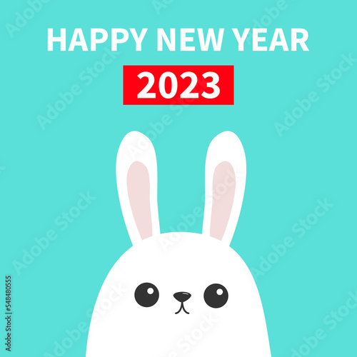 Happy Chinese New Year 2023. The year of the rabbit. White bunny head face. Picaboo. Flat design. Big ears. Cute kawaii funny cartoon character. Baby greeting card. Blue background.