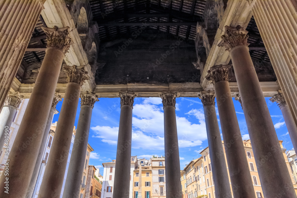 Fototapeta The Pantheon in Rome, Italy: view from inside the pronaos through the colonnaded portico