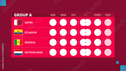 Table of group A in football cup 2022. Schedule for Group A of soccer competition.