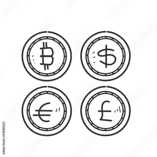 hand drawn doodle bitcoin and money coin currency illustration vector
