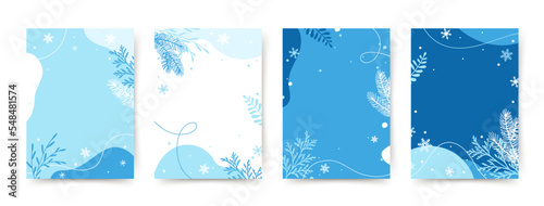 Winter background with Christmas tree branches, blue flowers, snowflakes. Merry Christmas banner template. Vector design of christmas elements for greeting card, cover, social media post