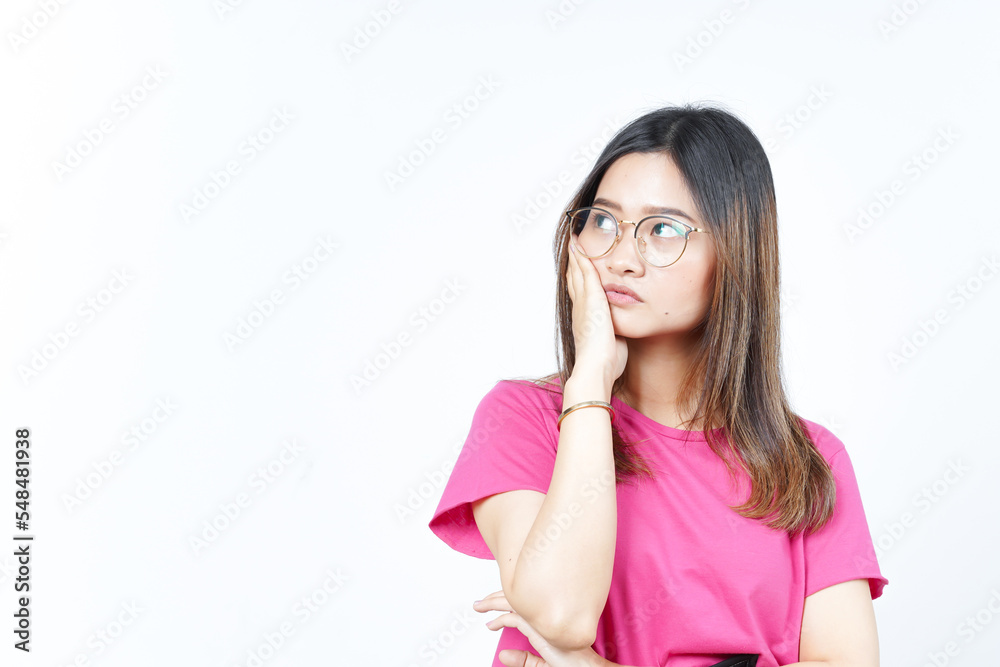 Looking up and thinking gesture Of Beautiful Asian Woman Isolated On White Background Looking up and thinking gesture Of Beautiful Asian Woman Isolated On White Background