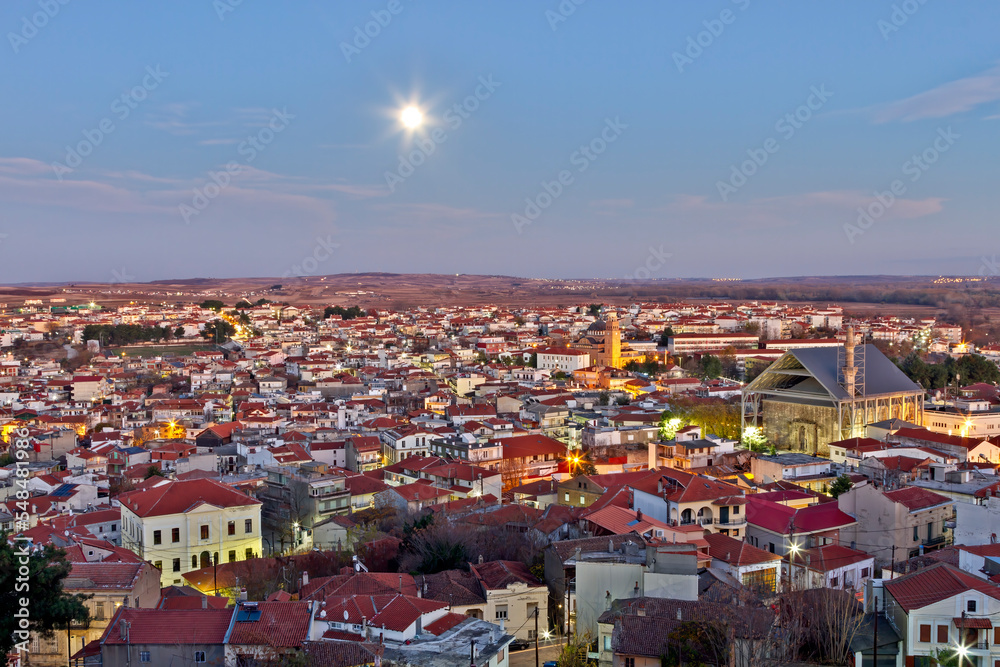 Panoramic view of Didimoticho town (or Didymoteiho), in Thrace region, northern Greece, Europe. Didimoticho is a historic town that hosts both an impressive byzantine castle and a huge muslim mosque. 