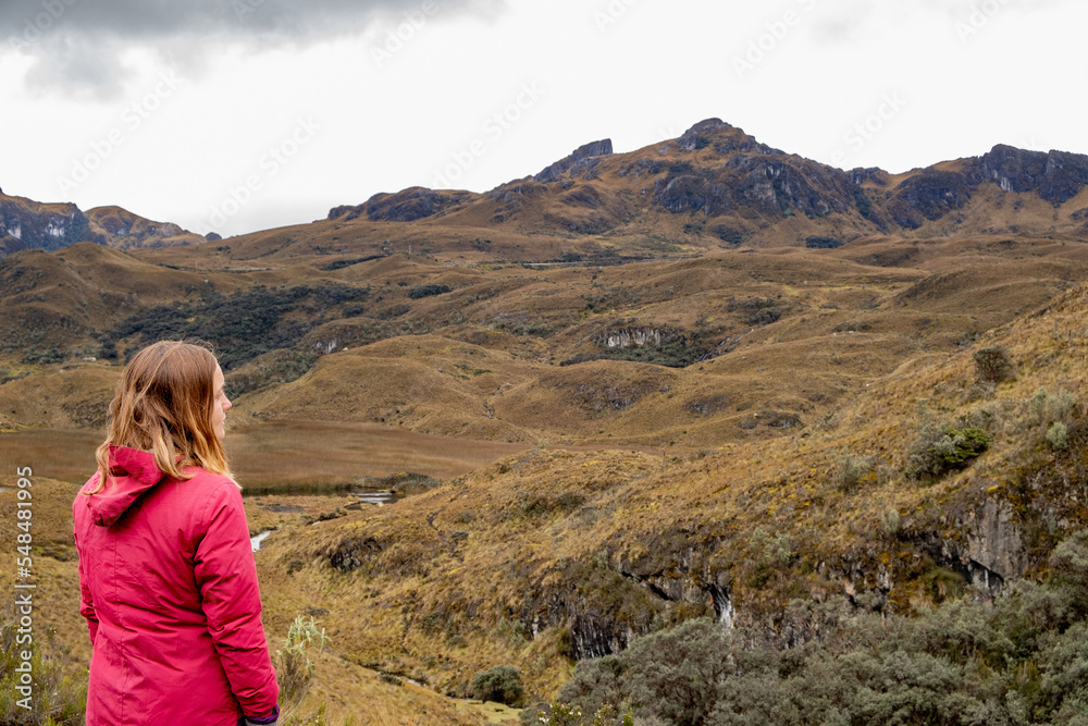 A female hiker calmly enjoying a spectacular landscape view in the Cajas National Park in the highlands of Ecuador, tropical Andes.