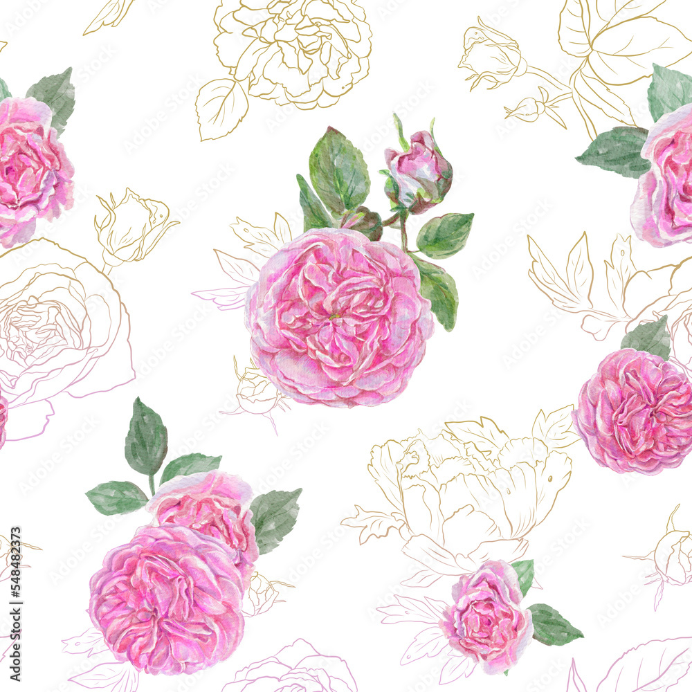 Vintage watercolor pink tea roses with outline roses on the background - seamless floral pattern.