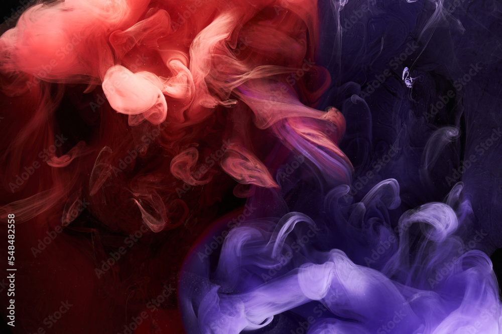 Red purple ink abstract background. Acrylic paint backdrop for perfume, hookah, cosmetics. Mysterious smoke clouds, colorful fog