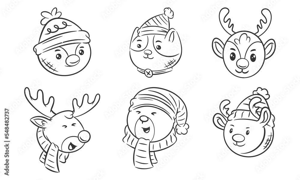 Cute face animal with scarf and hats hand drawn coloring