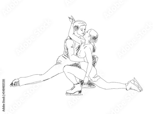 isolated silhouette of figure skating couple , black and white drawing, white background