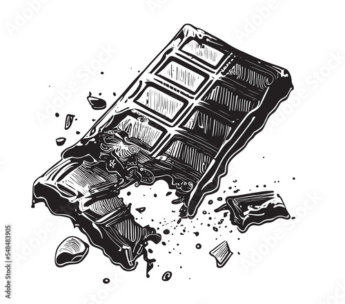 Delicious chocolate bar broken into pieces sketch hand drawn engraving line art style Vector illustration.