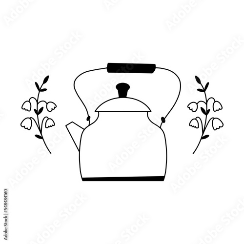 Teapot line simple style hand drawn. Ideal for a logo. Vintage Teapot icon with flowers in scandinavian style. Vector illustration