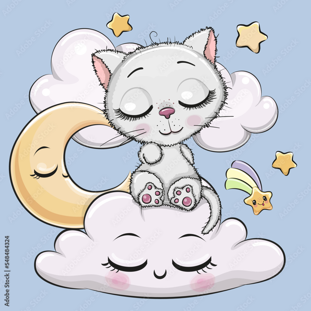 Cartoon White Kitty is sleeping a on the Cloud Cartoon White Kitty is sleeping a on the Cloud